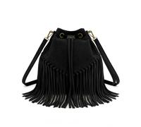 Kitise Drawstring Closure Soft Real Suede Leather Boho Fringe Bucket Bag In Black Black
