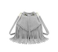 Kitise Drawstring Closure Soft Real Suede Leather Boho Fringe Bucket Bag In Light Grey Light Grey