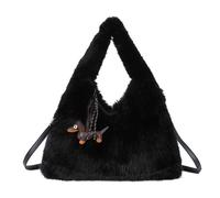 Kitise Faux Fur Soft Shoulder Tote Hobo Bag With Dog Charm In Black Black