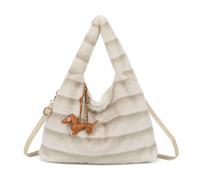 Kitise Faux Fur Soft Shoulder Tote Hobo Bag With Dog Charm In Medium Beige Medium Beige One Size