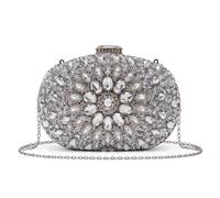 Kitise Floral Diamante Oval Evening Party Clutch Bag In Silver Silver
