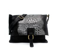 Kitise Italian Soft Suede Leather Croc Skin Pattern Flap Over Small Cross Body Bag - BLACK