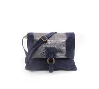 Kitise Italian Soft Suede Leather Croc Skin Pattern Flap Over Small Cross Body Bag - NAVY