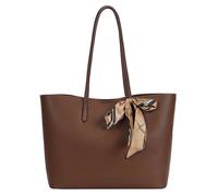 Kitise Pebbled Faux Leather Tote Shoulder Handbag With Decorative Silk Scarf In Dark Brown Dark Brown