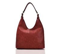 Kitise Premium Women's Fashion Designer Medium Size Large Handle Plain Soft Vegan Leather Hobo Round Bucket Tote Shoulder Bag (red=