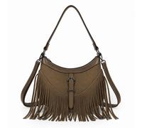 Kitise Small Faux Suede Fringe Boho Crescent Crossbody Shoulder Handbag In Khaki Khaki