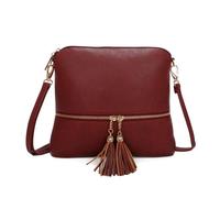 Kitise Small Flat Tassel Accent Front Pocket Crossbody Handbag In Burgundy Burgundy