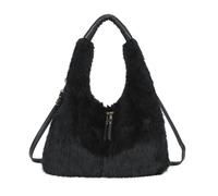 Kitise Spacious Faux Fur Hobo Shoulder Bag Crossbody Strap - BLACK