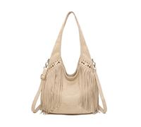 Kitise Studded Large Faux Suede Fringe Slouch Tote Shoulder Bag In Beige Beige