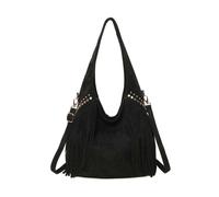 Kitise Studded Large Faux Suede Fringe Slouch Tote Shoulder Bag In Black Black