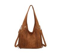 Kitise Studded Large Faux Suede Fringe Slouch Tote Shoulder Bag In Brown Brown