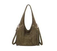 Kitise Studded Large Faux Suede Fringe Slouch Tote Shoulder Bag In Green Green