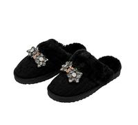 Kitise Warm Cozy Knit Crystal Floral Rhinestone Detail Slipper In Black Black