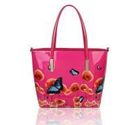 Kitise Women Large Handle Glossy Patent Leather Flowers Butterdly Birds Print Tote Handbag With Detachable Shoulder Strap (Orchid)