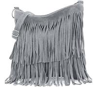 Kitise Women's Boho Style Italian Fringed Suede Crossbody Bag in Light Grey