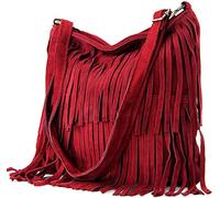 Kitise Womens Bright Colour Real Italian Suede Leather Fringe Shoulder Handbag Ladies Across Body Messenger Side Bag (Burgundy)