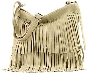 Kitise Womens Bright Colour Real Italian Suede Leather Fringe Shoulder Handbag Ladies Across Body Messenger Side Bag (Beige)