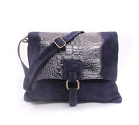 Kitise Women's Croc Skin Flap Over Italian Soft Suede Leather Small Crossbody Shoulder Bag Handbag in Navy