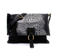 Kitise Women's Croc Skin Flap Over Italian Soft Suede Leather Small Crossbody Shoulder Bag Handbag in Black