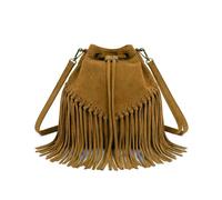 Kitise Women's Drawstring Closure Soft Real Suede Leather Boho Fringe Bucket Bag in Brown