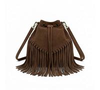 Kitise Women's Drawstring Closure Soft Real Suede Leather Boho Fringe Bucket Bag in Dark Brown