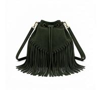 Kitise Women's Drawstring Closure Soft Real Suede Leather Boho Fringe Bucket Bag in Dark Green