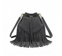 Kitise Women's Drawstring Closure Soft Real Suede Leather Boho Fringe Bucket Bag in Dark Grey