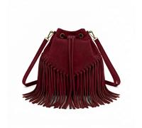 Kitise Women's Drawstring Closure Soft Real Suede Leather Boho Fringe Bucket Bag in Dark Red