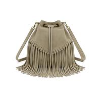 Kitise Women's Drawstring Closure Soft Real Suede Leather Boho Fringe Bucket Bag in Khaki Kitise Khaki One Size