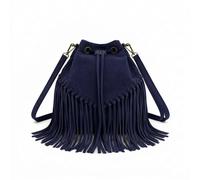 Kitise Women's Drawstring Closure Soft Real Suede Leather Boho Fringe Bucket Bag in Navy