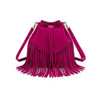 Kitise Women's Drawstring Closure Soft Real Suede Leather Boho Fringe Bucket Bag in Rose
