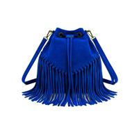 Kitise Women's Drawstring Closure Soft Real Suede Leather Boho Fringe Bucket Bag in Royal