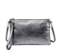 Kitise Women's Genuine Metallic Genuine Italian Leather Slim Crossbody Clutch Bag in Metallic Silver