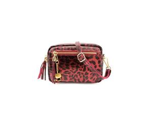 Kitise Women's Italian Genuine Leather Metallic Leopard Print Tassel Charm Small Camera Hanbdag Crossbody Bag -RED