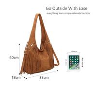 Kitise Women's Large Faux Suede Fringe Soft Boho-Style Hobo Shoulder Bag with Studded Accents