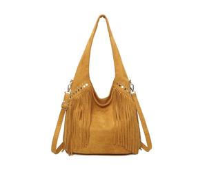 Kitise Women's Large Faux Suede Fringe Soft Boho-Style Hobo Shoulder Bag with Studded Accents
