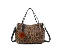 Kitise Women's Slouchy Leopard Print Pom Pom Charm Tote Shoulder Bag in Brown