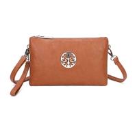 Kitise Women's Small Double Compartment Medallion Detail Crossbody Purse Handbag in Brown