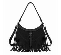 Kitise Women's Small Faux Suede Fringe Boho Crescent Crossbody Shoulder Handbag in Black Kitise Black One Size