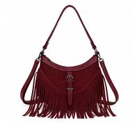 Kitise Women's Small Faux Suede Fringe Boho Crescent Crossbody Shoulder Handbag in Wine