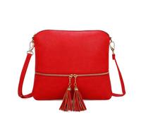 Kitise Women's Small Flat Tassel Accent Front Pocket Crossbody Handbag in Red