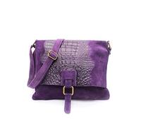 Kitise Womens Soft Italian Suede Leather CrocSkin Pattern Flap Over Small Shoulder Messenger Handbag Cross Body Side Bag For Ladies (Purple)