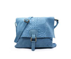 Kitise Womens Soft Italian Suede Leather CrocSkin Pattern Flap Over Small Shoulder Messenger Handbag Cross Body Side Bag For Ladies (Light Blue)