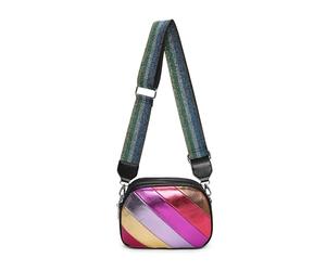 Kitise Women's Triple Zip Compartments Shiny Metallic Shade Stripe Pattern PU Leather Crossbody Bag - BLACK