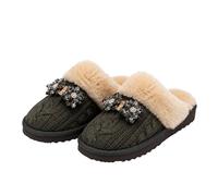 Kitise Women's Warm Cozy Knit Crystal Floral Rhinestone Detail Slipper Flat in Grey | Size: 8