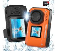 KitkidKind 8K 70MP Digital Camera with 64G Card, 33FT Underwater Camera, Waterproof, Dustproof, Shockproof, Snorkeling, 18X Zoom, Autofocus, Selfie, Dual-Screen, Orange