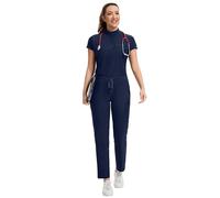 Kitmaz Women's Scrub Set - Convertible Mandarin/V-Neck Top & Straight Pants, 13 Pockets, Wrinkle & Splash Resistant Fabric, Navy Blue, Large