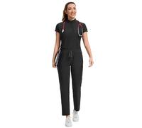 Kitmaz Women's Scrub Set - Convertible Mandarin/V-Neck Top & Straight Pants, 13 Pockets, Wrinkle & Splash Resistant Fabric, Black, Large