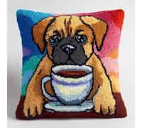 kitphoenix Adults Latch Hook Craft Kit,Bullmastiff Dog Drink Coffee,Cushion Cover Making Kit with Yarn and Hook,DIY Embroidery Pillow Cover Set,43x43 cm