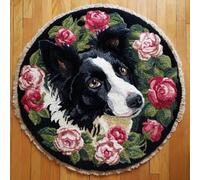 kitphoenix Animal Dog Round Shape Latch Hook Kits Rug DIY Cushion Rug Carpet Making Crochet Hook Kits Preprinted Pattern Canvas Cushion Arylic Yarn Hooking Kits Mat Kits 50X50Cm